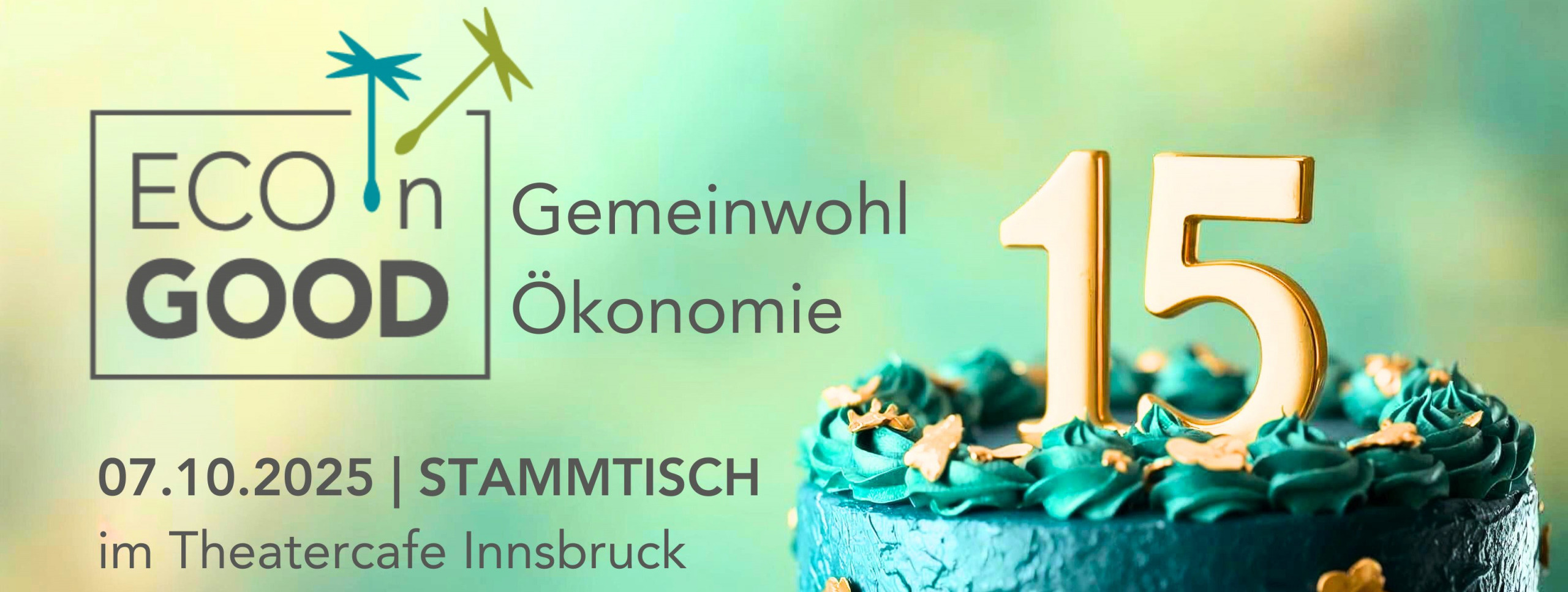 Geburtstagsfeier-Einladung zu 15 Jahren GWÖ mit Torte und Kerzen